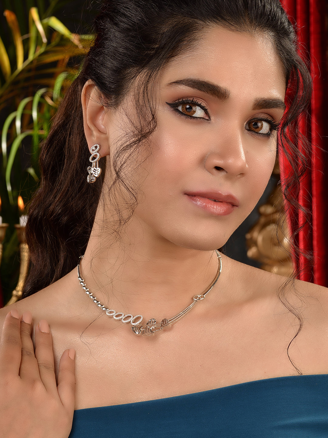 White Silver Toned AD Studded Heart Shape Necklace Jewellery Set, zaveri pearls, sale price rs, sale price, sale gold plated, sale gold, sale, rubans, ring, regular price, priyassi jewellery,